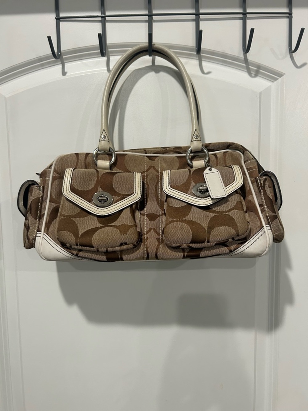 Coach Brown Signature Canvas Satchel with Cream Trim. Please view all pictures